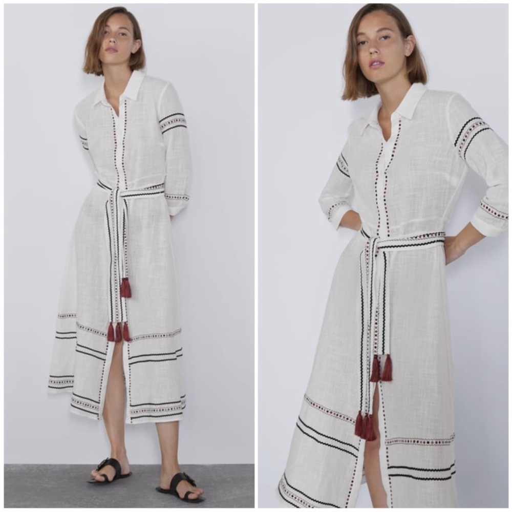Zara White Embroidered Maxi Longsleeve Shirt Dress Size Small Belted